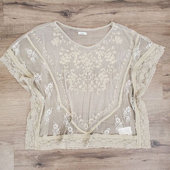 Sheer Mesh Lace Trim Flutter Sleeve Top M Coquette Fairy Whimsical Boho Feminine - Picture 5 of 13